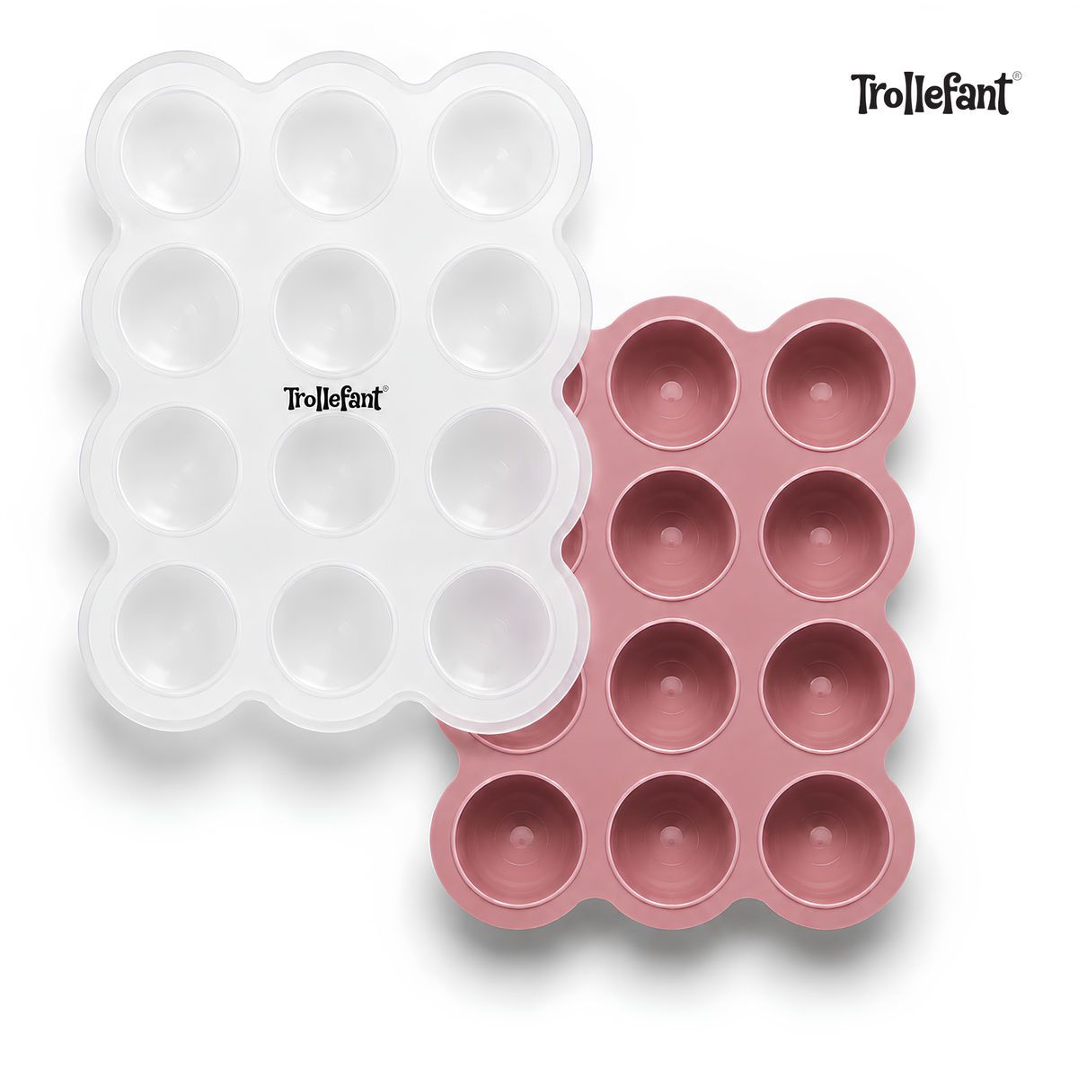 Trollefant fryseform i rosa silikon med 12 runde rom, sett ovenfra ved siden av gjennomsiktig lokk, hvit bakgrunn