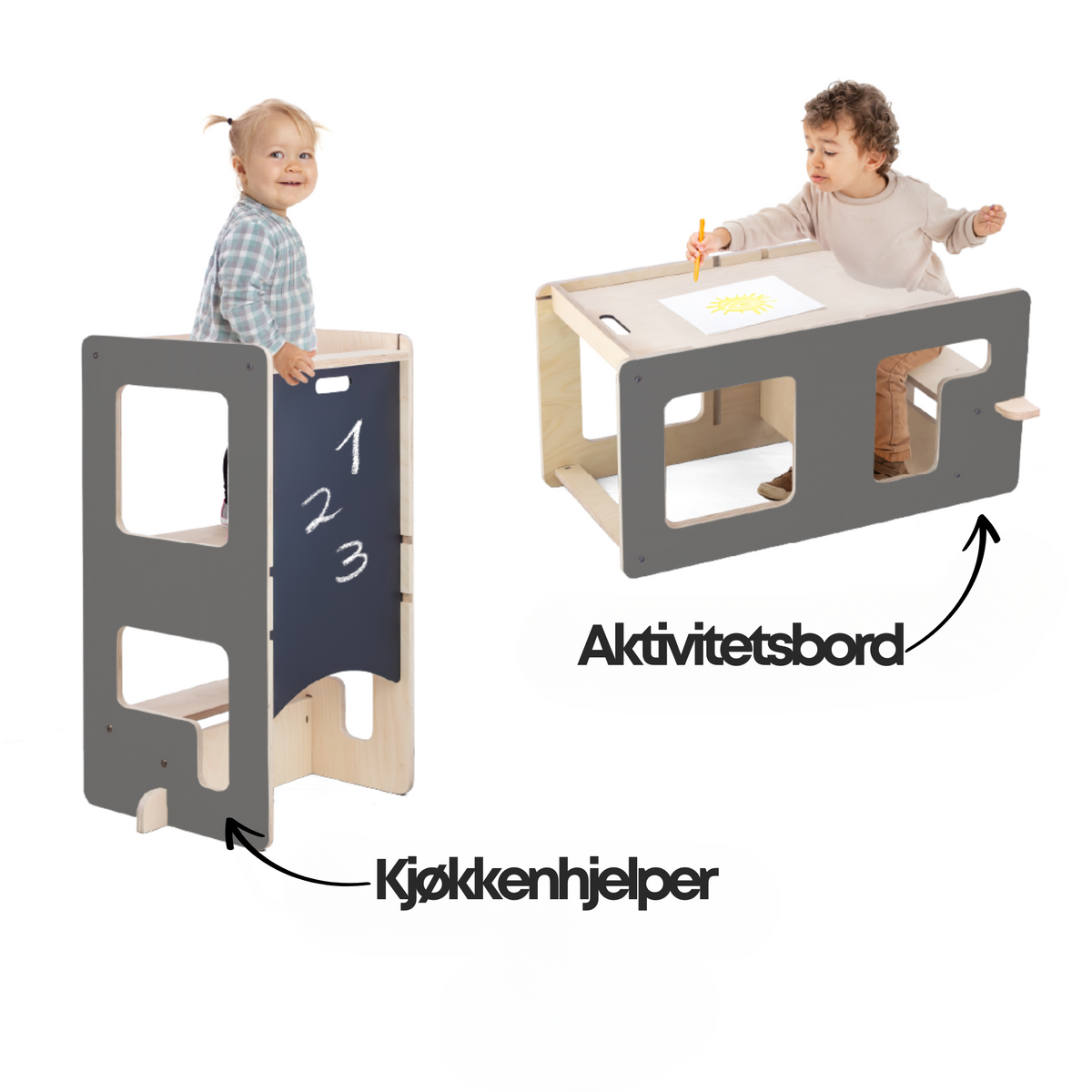 Kule Flip, grå – fleksibel kjøkken- og aktivitetsplattform - OUTLET m. skadet emballasje