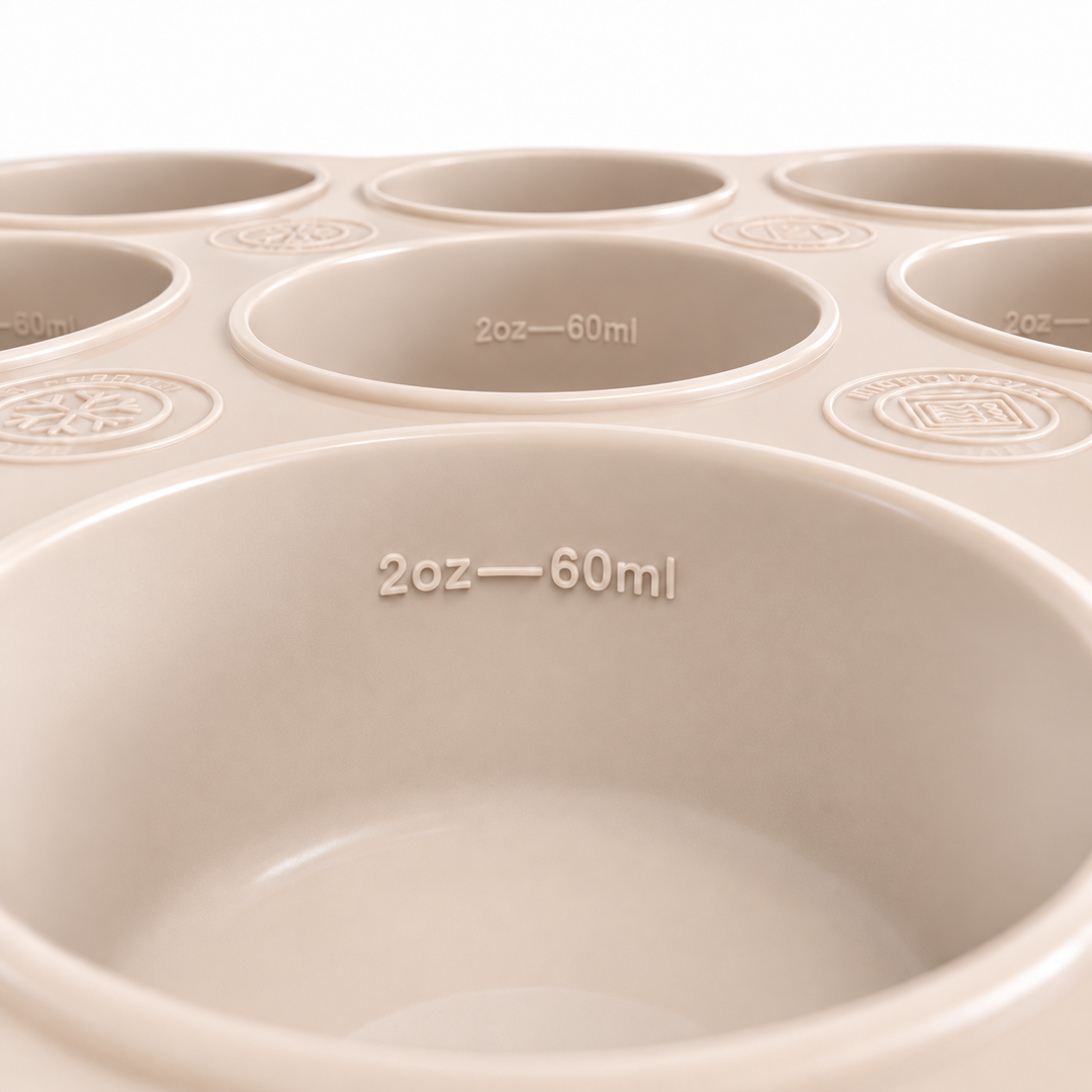 Nærbilde av Trollefant fryseform i beige med preget 2oz, 60ml-merking i koppene og snøfnugg-symboler mellom dem