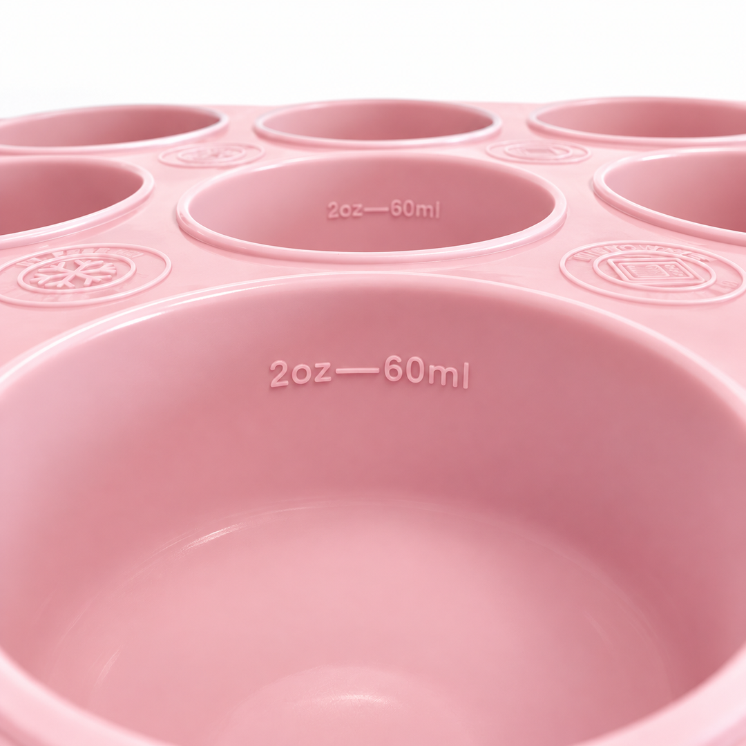 Nærbilde av Trollefant fryseform i rosa med 60 ml-merking i koppene og fryse- og mikrobølgesymboler, sett fra lav vinkel