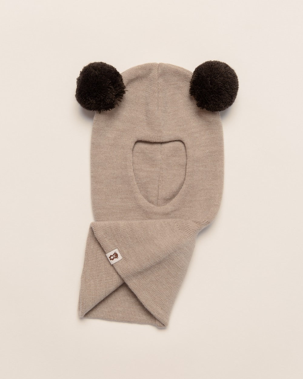 Balaklava i merinoull med dusker, beige