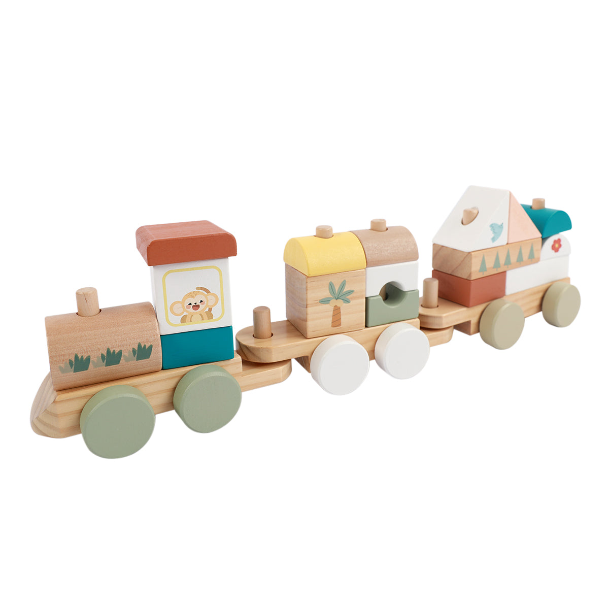 Leketog i tre med byggeklosser