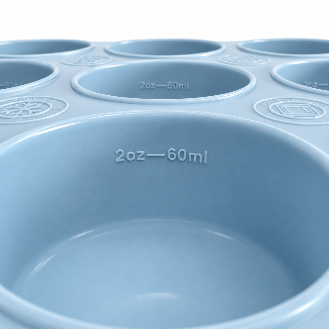 Nærbilde av blå Trollefant fryseform med 2oz, 60ml-merking i koppene og pregede symboler for fryser og mikrobølgeovn