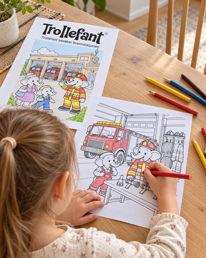 Trollefant Tegnebok – Trollefant besøker brannstasjonen