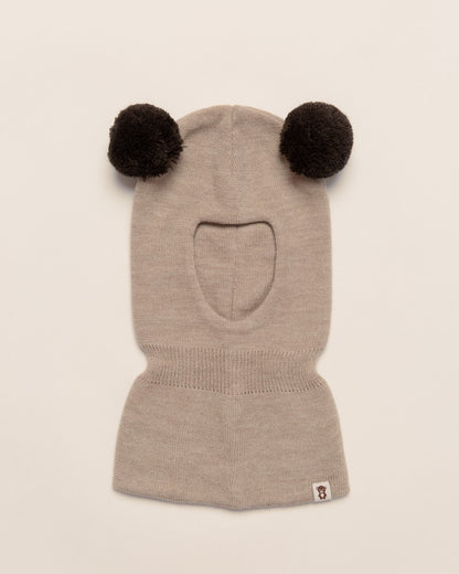 Balaklava i merinoull med dusker, beige