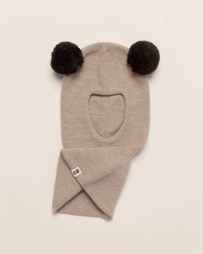 Balaklava i merinoull med dusker, beige