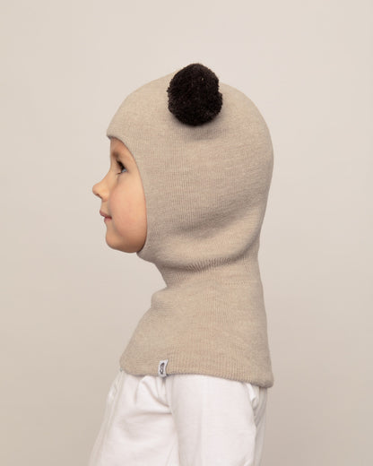 Balaklava i merinoull med dusker, beige